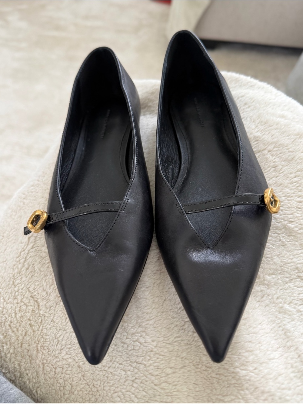 Rebecca Minkoff Black Pointed Flats with Gold Buckle